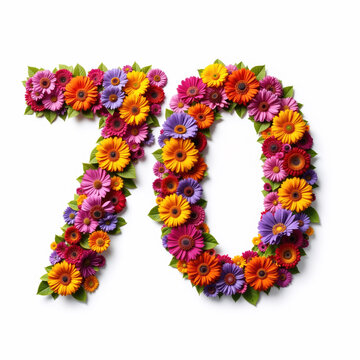 The number 70 is beautifully crafted from a variety of colorful flowers on a white background, perfect for a birthday card.