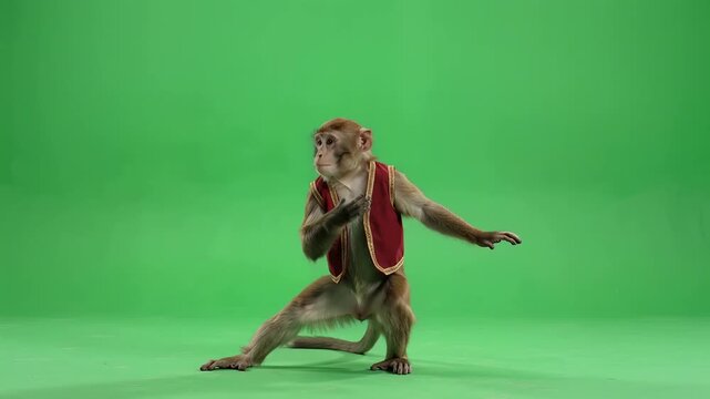 Dancing monkey in red vest performing fun movements on green screen