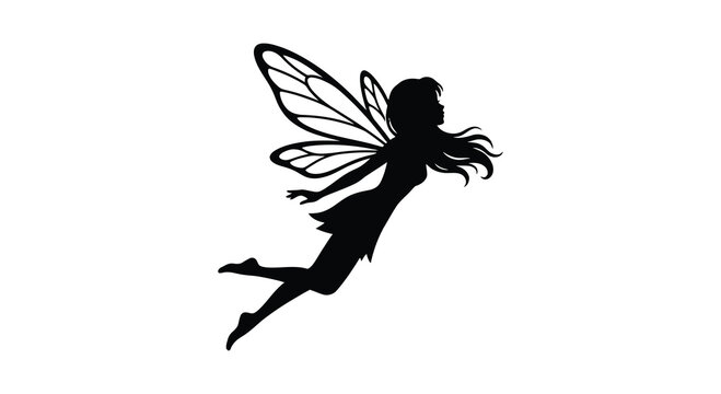 Silhouette of a fairy in flight against a white background