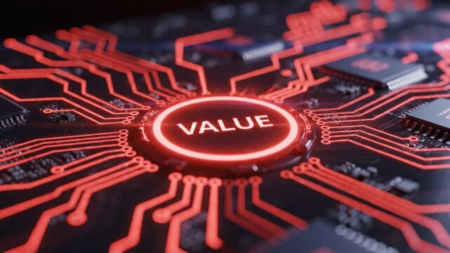 Futuristic circuit board with the word value glowing red in a circle surrounded by electronic pathways