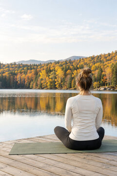 Frau sitzt auf einer Yogamatte am herbstlichen See