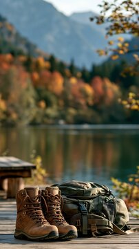 a pair of rugged brown hiking boots and a green backpack placed on a wooden dock. The boots have a thick sole and laces, and the backpack has multiple compartments and straps.