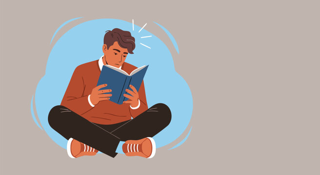 Young man sitting cross-legged and reading an open book in creative vector illustration banner