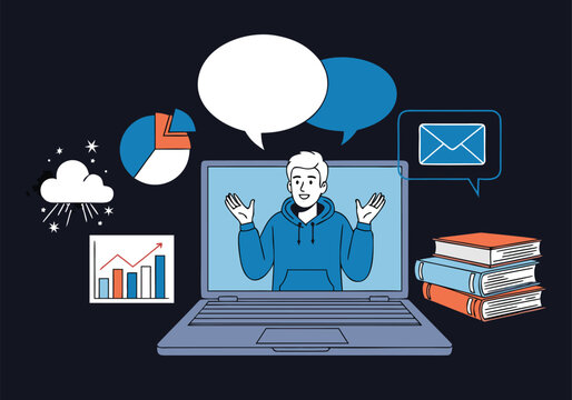 Front view vector illustration of tutor conducting webinar on laptop screen in digital workspace