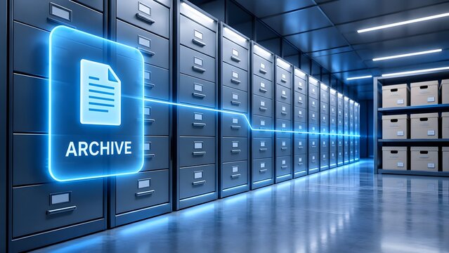 Digital archive with glowing file icon and data stream