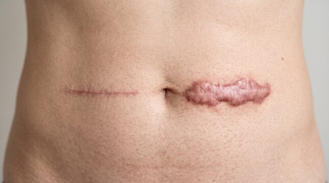 Postoperative abdominal keloid scar, raised surgical scar close-up