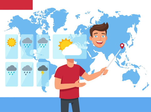 Cartoon Weather Forecaster Presenting Global Report with Map and Icons
