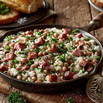 Cast iron skillet filled with rice black eyed peas smoked meat southern food hearty meal