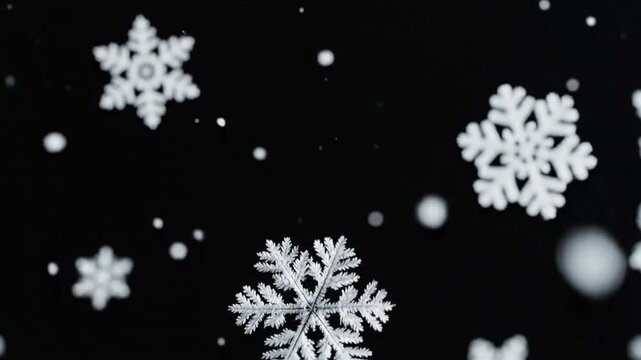 Graceful snowflakes slowly falling against a solid black background, showcasing intricate details