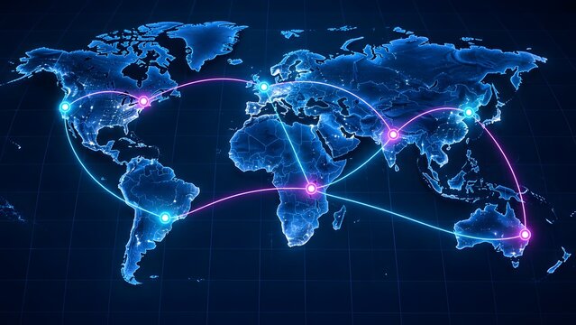 Global network connections world map with glowing lines
