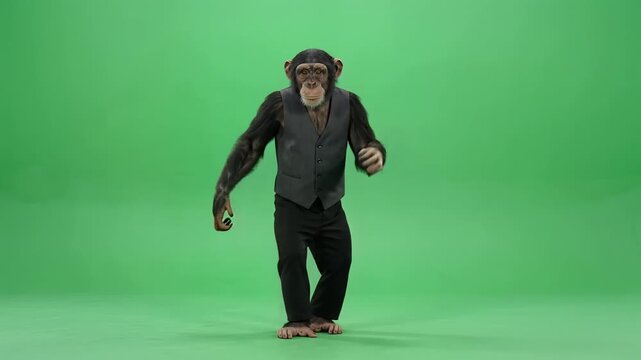Dancing monkey wearing a vest performs funny movements on green screen