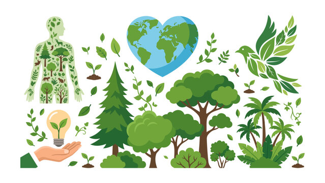 Environmental conservation set featuring trees a planet heart green energy icons eco friendly