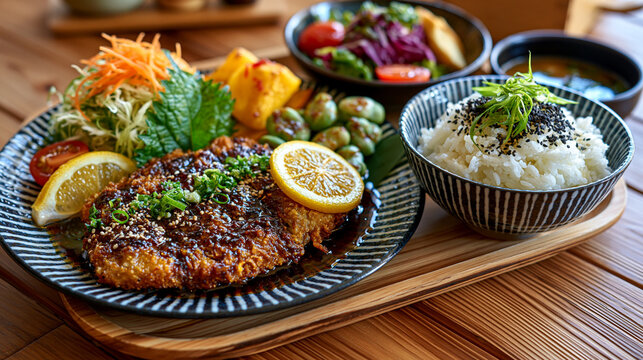 Japanese tonkatsu pork cutlet with steamed rice and vegetables on a wooden platter
