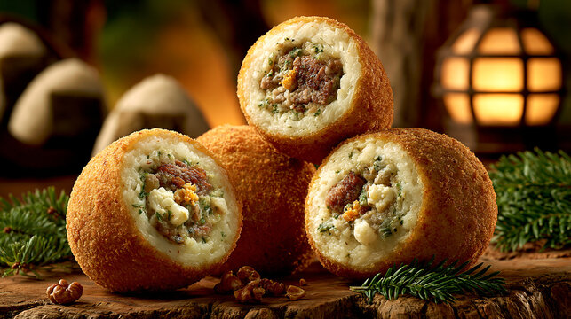 Deep fried savory rice balls with meat filling served on a wooden board