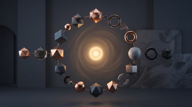 Floating geometric shapes arranged in a circle with a glowing center light