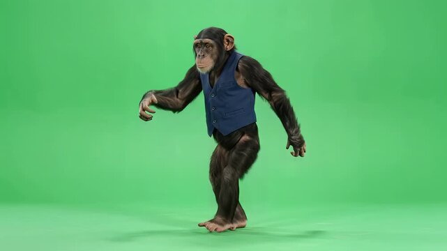 Dancing monkey wearing a blue vest performs fun moves on green screen
