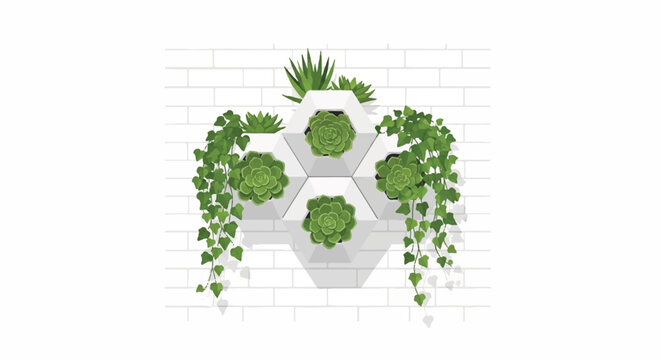 A geometric modular wall planter system with various green succulents and hanging ivy, white brick wall background, bright interior lighting, minimalist flat vector artwork, clipart style,