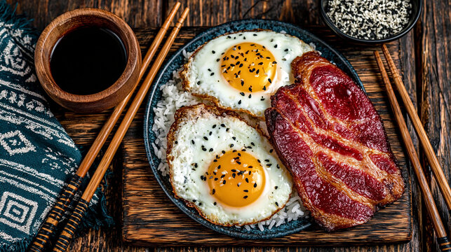 Seared pork steak with two fried eggs and steamed rice in a japanese bowl