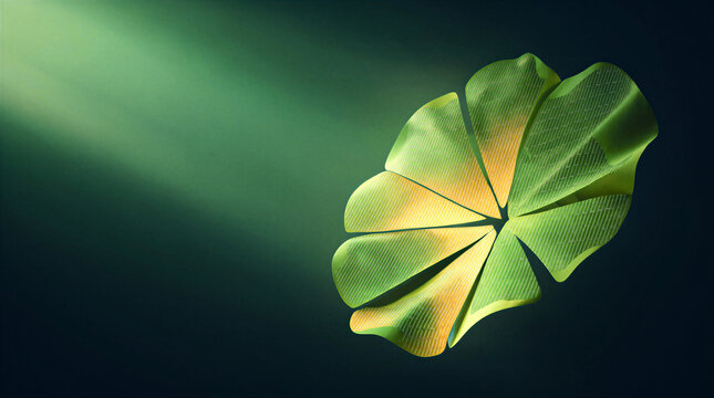 Solar harvesting technology represented by a floating lotus leaf suspended in a minimal abstract void