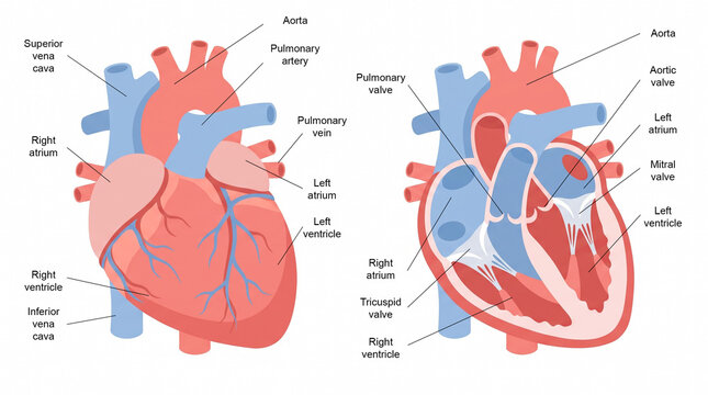 labeled human heart diagram illustration anatomy parts internal external view two