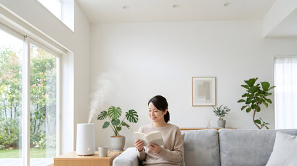 Fototapeta premium Relaxed woman reading book on sofa near ultrasonic aroma humidifier releasing hydrating mist in living room