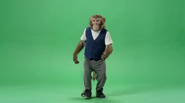 Dancing monkey in a vest performing a dance on green screen