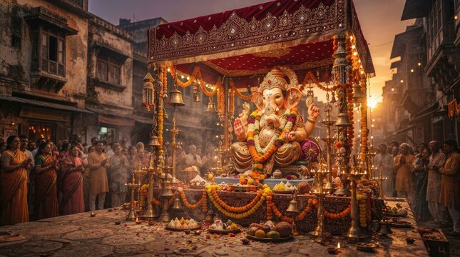 A Magnificent Ganesha Idol Displayed With Vibrant Decorations In A Festive Setting During Celebration
