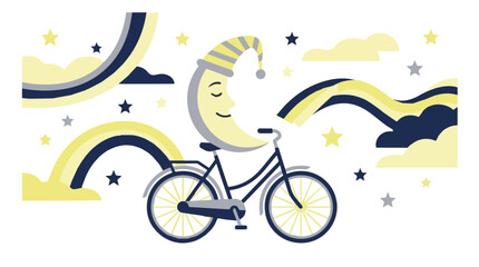 Obraz premium Whimsical night scene featuring a crescent moon face riding a bicycle through dreamlike clouds and rainbows