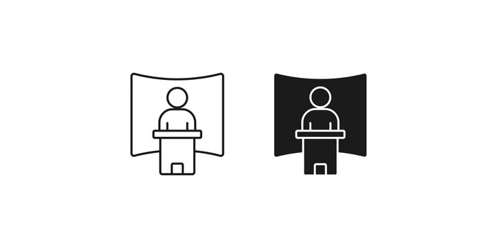 Public speaker icon on podium with presentation screen line art set.