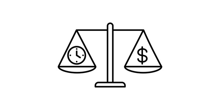 Black and white line art drawing of a balance scale with time and money.