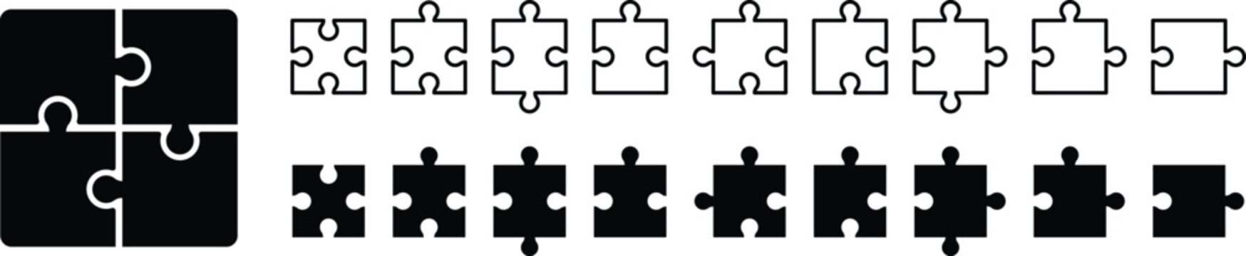 Jigsaw puzzle piece vector icon set. Teamwork strategy and business solution connection symbol. Assembled puzzle grid with individual outline and filled puzzle