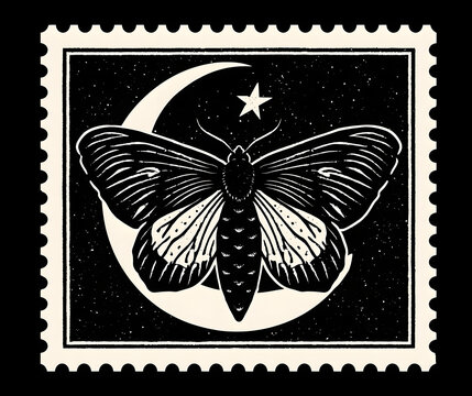 An antique scrapbook mark with a crescent moon and star for journaling and collage design