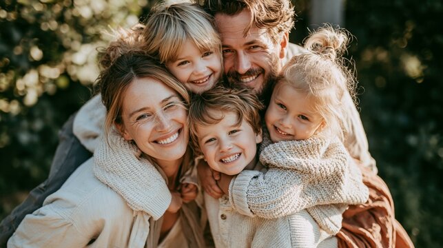 a joyful moment outdoors. The main subjects are a man, a woman, and two young children. The woman, on the left, wears a lightcolored sweater and smiles at the camera. The man, in the center.
