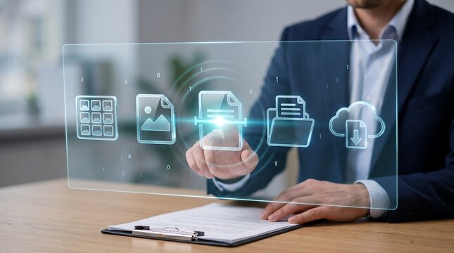 Businessman using an interactive holographic glass display to manage gallery assets and cloud document storage in a high-tech corporate office for digital asset management
