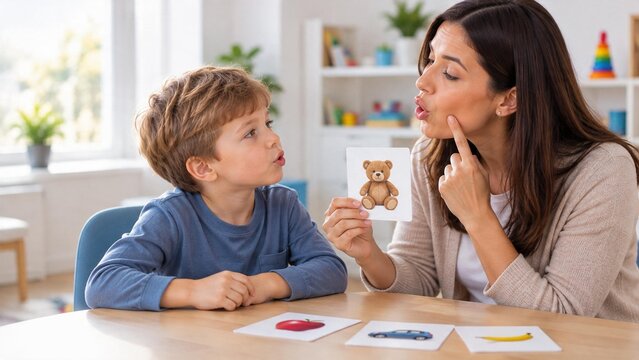 Female speech therapist working with a little boy in a bright clinic. Language pathology, autism and ADHD rehabilitation concept.
