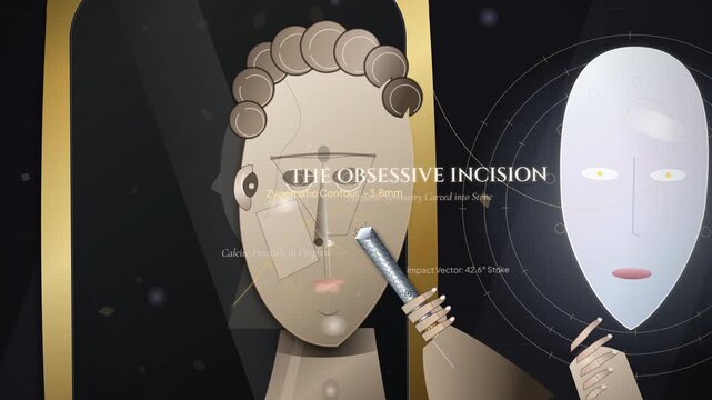 Conceptual animation of a person carving their face with a chisel to match a digital beauty filter in a mirror which algorithmically mutates leaving permanent scars depicting filter culture