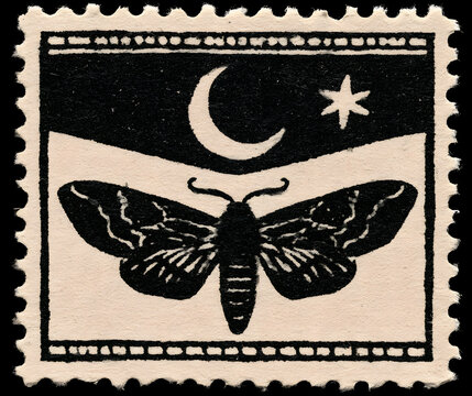 Vintage Halloween-themed paper postage stamp featuring a moth silhouette. An antique scrapbook marker with a crescent moon and star, perfect for journaling and collaging