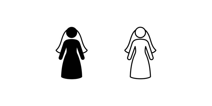 Bride silhouette icon set black flat outline for wedding celebration.