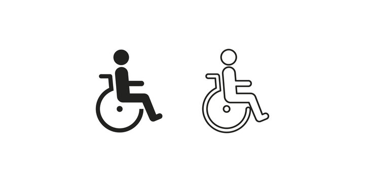 Wheelchair user icon set black flat outline for accessibility signs.
