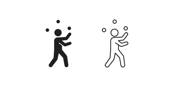 Juggler performer icon set black flat outline for circus entertainment.