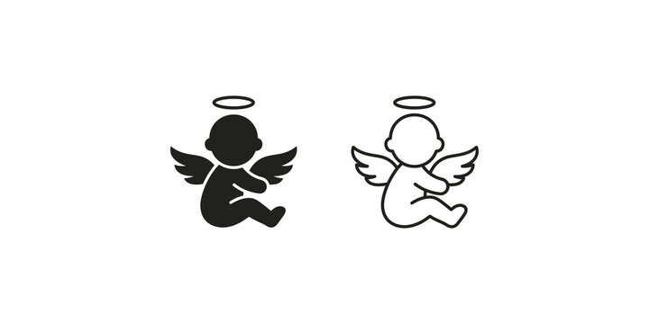 Baby angel silhouette and outline icons black cherub set for designs.