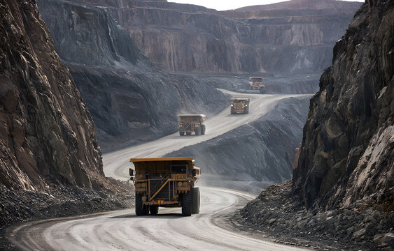Haul trucks operating on terraced levels within the mine pit, an industry for diamond mining production