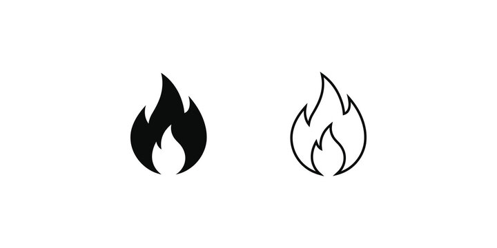 Burning flame fire icons with solid black silhouette and outline shapes.