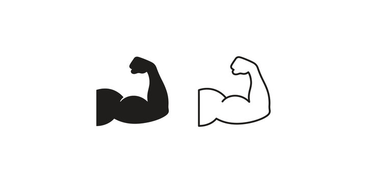 Strong arm muscle icons in filled and outline for fitness branding.