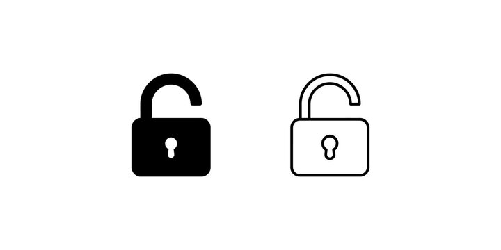 Black unlocked padlock icon set isolated on checkered background.