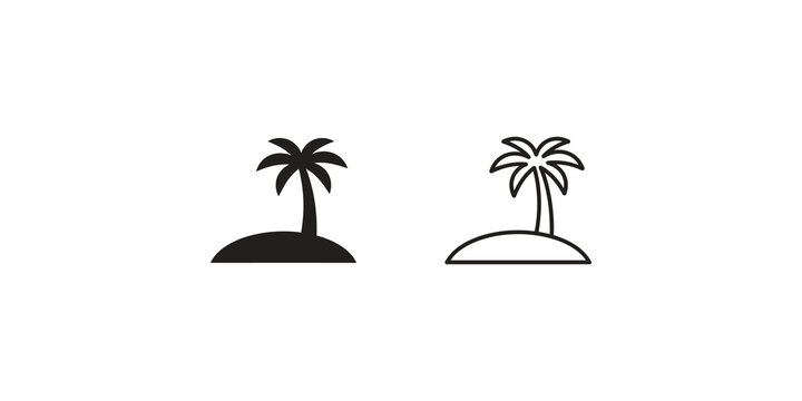 Black palm tree on island icon set on transparent background.