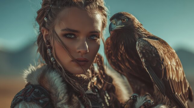 Majestic hunter woman with eagle, shoulder perch, looking at camera, blurred mountain scenery, cinematic depth