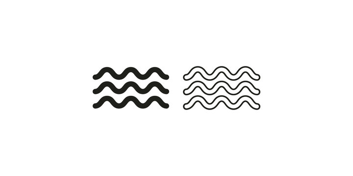 Water wave icon set with black solid and outline flowing line design.