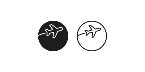 Airplane flying across circular sun icon for travel and flight design. © 扁平化图标 