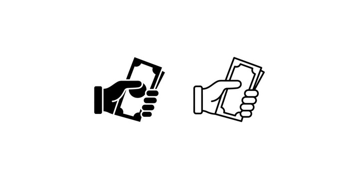 Two hands exchanging money with black and white outlines for payment concept.